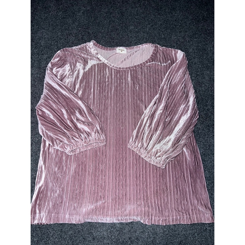 World Market Pink Pleated Velvet Blouse Top L/XL Long Sleeve Crinkle Rose